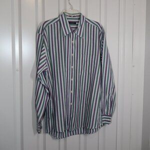 Burberry London Mens Cotton Button Up Shirt Purple Green Striped Size Large